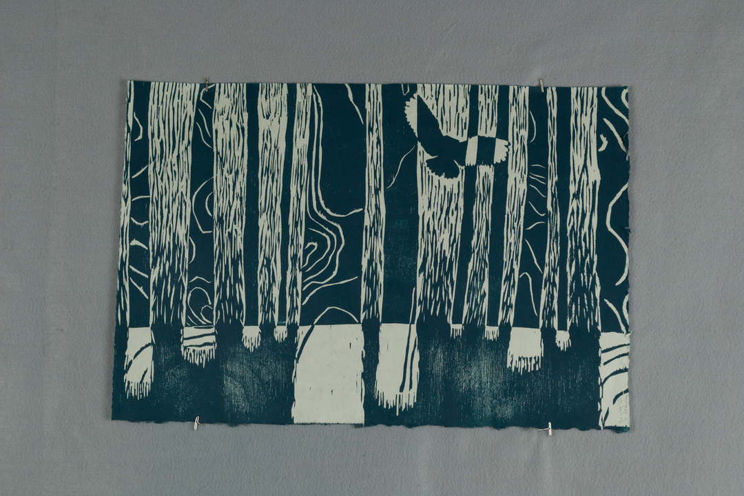 Owl in Woods by Sampson. Links to Printmaking page.